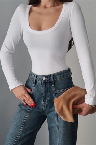 Pamuk Kaşkorse U Yaka Dikişli Uzun Kol Body - Beyaz