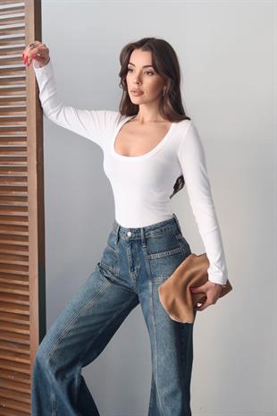 Pamuk Kaşkorse U Yaka Dikişli Uzun Kol Body - Beyaz