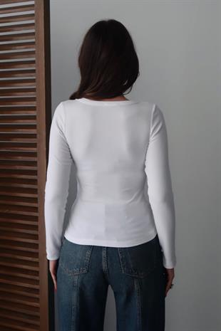 Pamuk Kaşkorse U Yaka Dikişli Uzun Kol Body - Beyaz