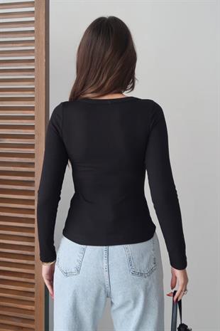 Pamuk Kaşkorse U Yaka Dikişli Uzun Kol Body - Siyah