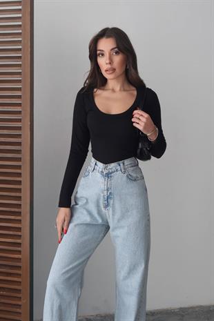 Pamuk Kaşkorse U Yaka Dikişli Uzun Kol Body - Siyah