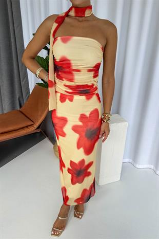 Papaver Desen Straplez Bluz Kalem Etek Takım - Sarı