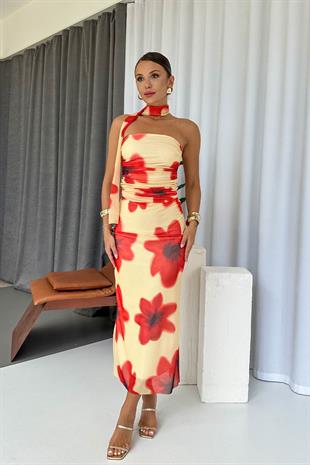 Papaver Desen Straplez Bluz Kalem Etek Takım - Sarı