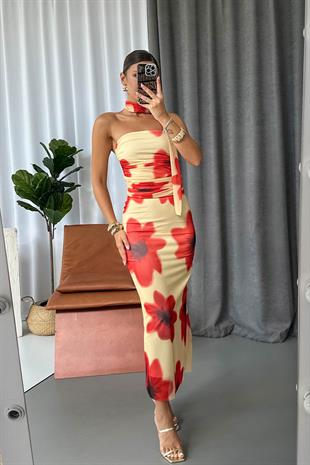 Papaver Desen Straplez Bluz Kalem Etek Takım - Sarı