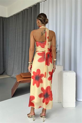 Papaver Desen Straplez Bluz Kalem Etek Takım - Sarı