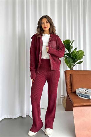 Paraşüt Kumaş Detaylı Örme Takım - Bordo