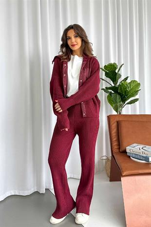 Paraşüt Kumaş Detaylı Örme Takım - Bordo