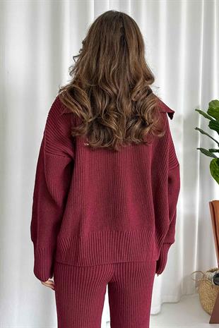 Paraşüt Kumaş Detaylı Örme Takım - Bordo