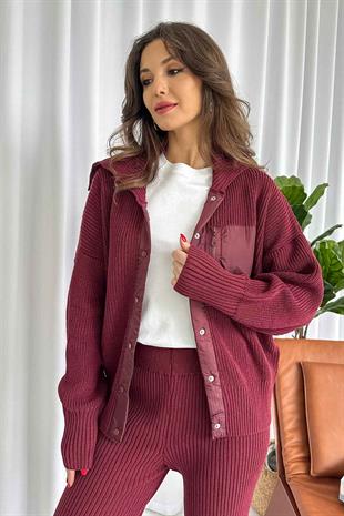 Paraşüt Kumaş Detaylı Örme Takım - Bordo