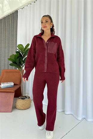 Paraşüt Kumaş Detaylı Örme Takım - Bordo