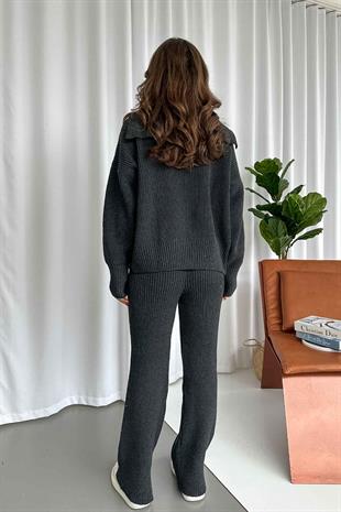 Paraşüt Kumaş Detaylı Örme Takım - Gri