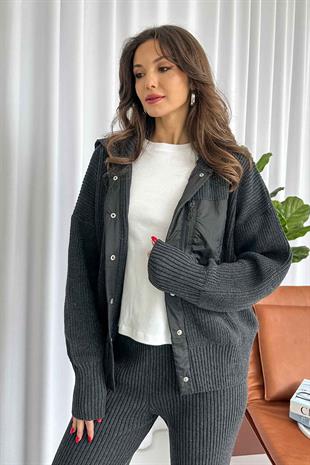 Paraşüt Kumaş Detaylı Örme Takım - Gri