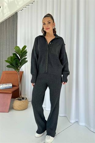 Paraşüt Kumaş Detaylı Örme Takım - Gri