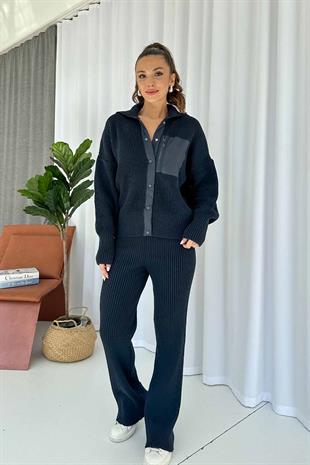 Paraşüt Kumaş Detaylı Örme Takım - Lacivert