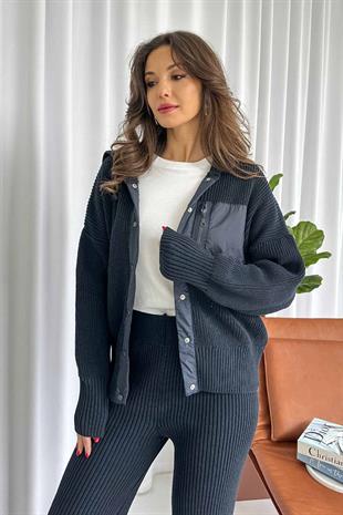 Paraşüt Kumaş Detaylı Örme Takım - Lacivert