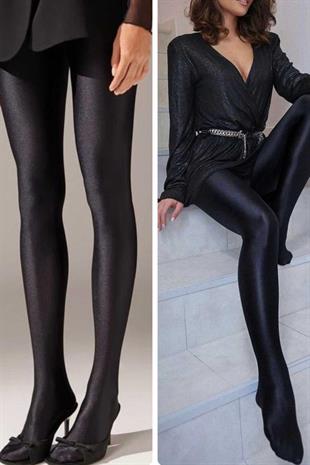 Parlak Çorap Detay Kadın Toparlayıcı Tayt - Siyah