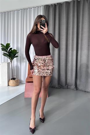 Payetli Kadın Etek - Pudra