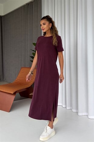 Pike Kumaş Basic Elbise - Bordo