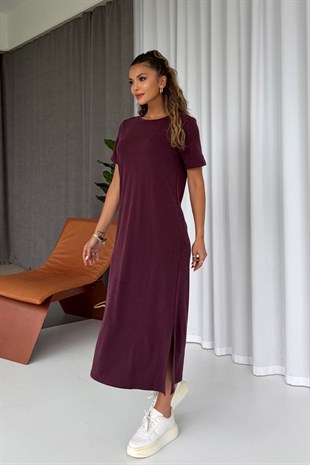 Pike Kumaş Basic Elbise - Bordo