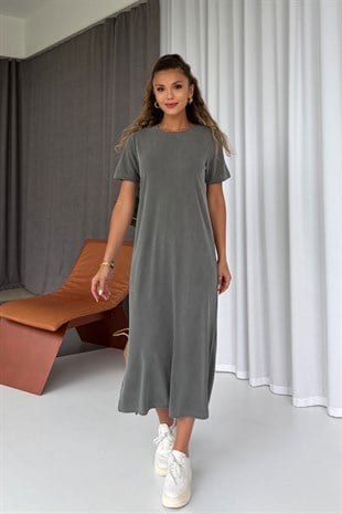 Pike Kumaş Basic Elbise - Haki
