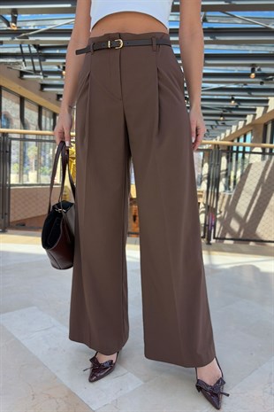 Pileli Kemerli Geniş Paça Palazzo Pantolon - Kahverengi