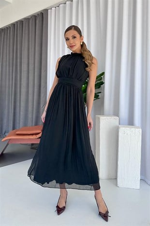 Pilise Detay Kolsuz Şifon Astarlı Abiye - Siyah