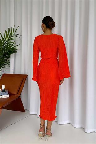 Pilise Detay Uzun Kol Kadın Elbise - Turuncu