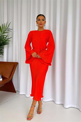 Pilise Detay Uzun Kol Kadın Elbise - Turuncu