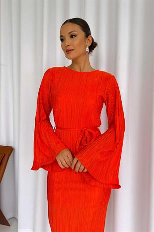 Pilise Detay Uzun Kol Kadın Elbise - Turuncu