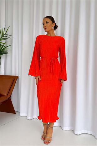 Pilise Detay Uzun Kol Kadın Elbise - Turuncu