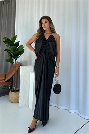 Pilise Detay V Yaka Kolsuz Şifon Astarlı Abiye - Siyah