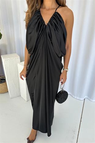 Pilise Detay V Yaka Kolsuz Şifon Astarlı Abiye - Siyah
