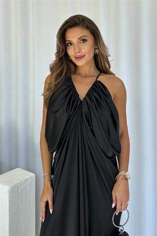 Pilise Detay V Yaka Kolsuz Şifon Astarlı Abiye - Siyah