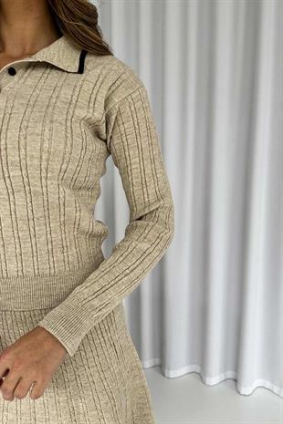 Polo Yaka Biye Detaylı Triko Etek 2li Takım - Bej