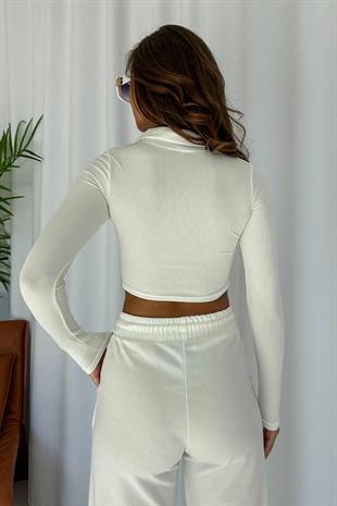 Polo Yaka Kadın Crop - Beyaz