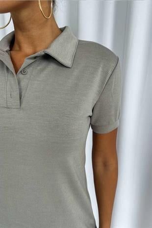 Polo Yaka Midi Boy Relax Fit Kadın Elbise - Gri