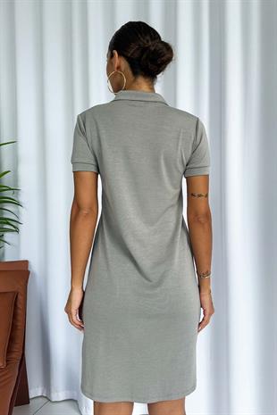 Polo Yaka Midi Boy Relax Fit Kadın Elbise - Gri