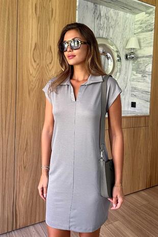 Polo Yaka Modal Kumaş Kadın Kısa Kol Elbise - Gri
