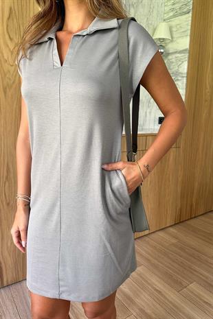 Polo Yaka Modal Kumaş Kadın Kısa Kol Elbise - Gri