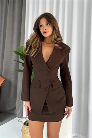 Premium Ceket ve Etekli Kadın Takım -Kahverengi