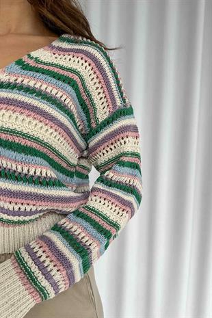 Renkli Çizgili Triko Kadın Hırka