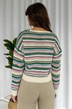 Renkli Çizgili Triko Kadın Hırka