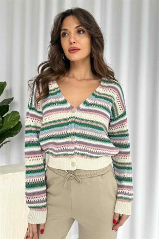 Renkli Çizgili Triko Kadın Hırka