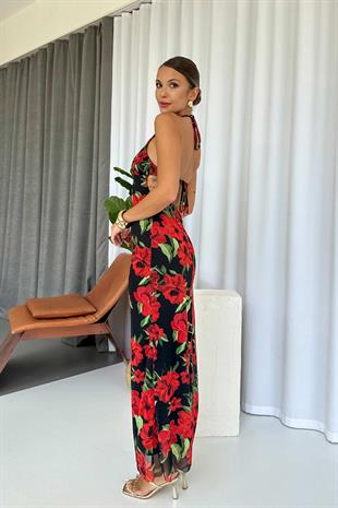 Romantik Yaka Kırmızı Çiçek Desenli Uzun Kadın Elbise - Siyah