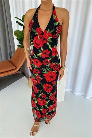 Romantik Yaka Kırmızı Çiçek Desenli Uzun Kadın Elbise - Siyah