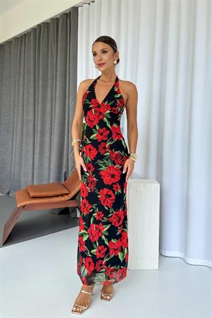 Romantik Yaka Kırmızı Çiçek Desenli Uzun Kadın Elbise - Siyah