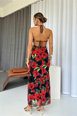 Romantik Yaka Kırmızı Çiçek Desenli Uzun Kadın Elbise - Siyah