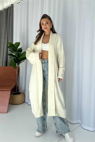 Şal Yaka Uzun Triko Hırka - Bej