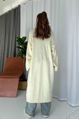 Şal Yaka Uzun Triko Hırka - Bej