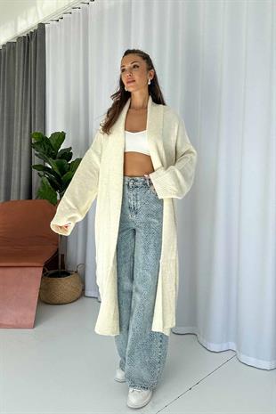 Şal Yaka Uzun Triko Hırka - Bej